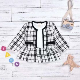 Baby Girl Contrast Design Long Sleeved Dress Combo Plaid Pattern Coat Chanel's Sets (Color: White, Size/Age: 120 (5-7Y))