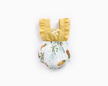 Baby Girl Fruit Print Pattern Lace Design Square Collar False 2-Pieces Onesies In Summer (Color: Yellow, Size/Age: 66 (3-6M))