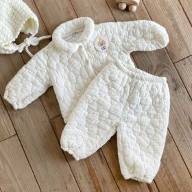 Baby Bear Patched Pattern Quilted Warm Lapel Cute Sets (Color: Beige, Size/Age: 90 (12-24M))