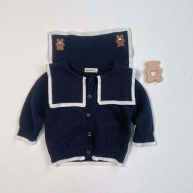 Baby Girl Bear Embroidery Graphic Single Breasted Design Lapel Cardigan (Color: Navy Blue (Dark Blue), Size/Age: 90 (12-24M))