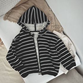 Baby Striped Pattern Single Breasted Design Long Sleeve Coat With Hat (Color: Black, Size/Age: 110 (3-5Y))