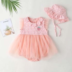 Baby Girl 1pcs Plaid Graphic Strawberry Embroidery Mesh Overlay Floral Neck Dress (Color: Pink, Size/Age: 90 (12-24M))