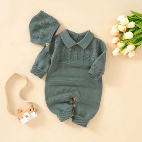 Baby Solid Color Crochet Knit Design Lapel Knit Jumpsuit (Color: Green, Size/Age: 80 (9-12M))