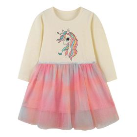 Baby Girl Unicorn Pattern Colorful Mesh Overlay Design Long Sleeve Princess Dress (Color: Beige, Size/Age: 140 (8-10Y))