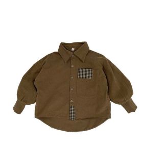 Baby Solid Color Plaid Patched Design Quality Personalized Cardigan Jacket (Color: Brown, Size/Age: 110 (3-5Y))