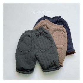 Baby Solid Color Cotton Quilted Winter Pants Outfits (Color: Navy Blue (Dark Blue), Size/Age: 130 (7-8Y))