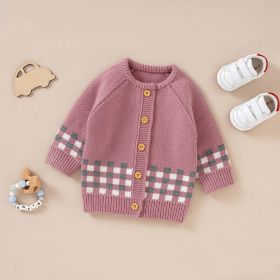 Baby Plaid Pattern Single Breasted Deisgn Knitted Cardigan (Color: Pink, Size/Age: 80 (9-12M))