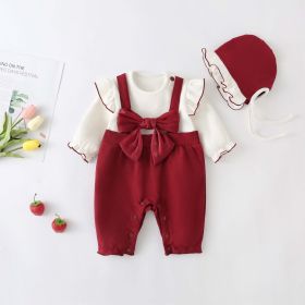 Baby Girl Lettuce Trim Design Big Bow Long Sleeve Jumpsuit (Color: Red, Size/Age: 80 (9-12M))