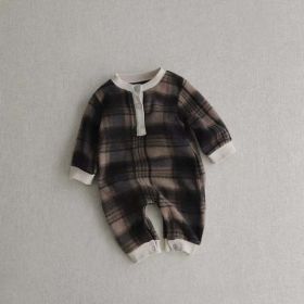 Baby Fashion Plaid Pattern Thin Fleece Autumn Romper (Color: Coffee, Size/Age: 66 (3-6M))