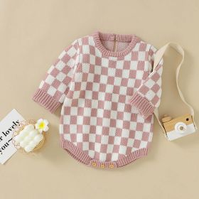 Baby Checkerboard Pattern Quality Knit Onesies (Color: Pink, Size/Age: 80 (9-12M))