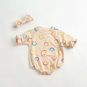 Baby Girl Smiley Print Pattern Long-Sleeve Design Round Collar Onesies (Color: Beige, Size/Age: 100 (2-3Y))