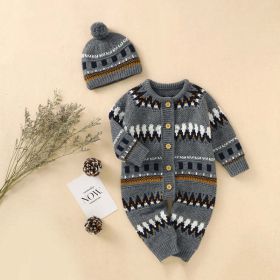 Baby Embroidered Pattern Contrast Design Vintage Style Warm Knitting Romper With Hat (Color: Grey, Size/Age: 66 (3-6M))