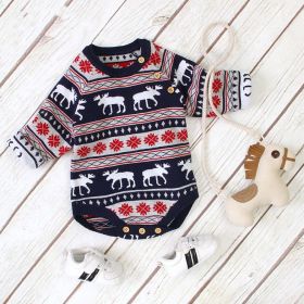 Baby Christmas Deer Pattern Shoulder Button Design Long Sleeved Onesies (Color: Navy Blue, Size/Age: 73 (6-9M))