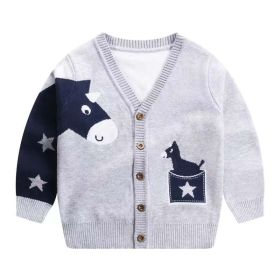 Baby Boy Cartoon Animal Embroidered Pattern Button Front V-Neck Cardigan (Color: Grey, Size/Age: 140 (8-10Y))