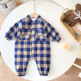 Baby Boy Plaid Pattern Snap Button Front Long-sleeved Thick Rompers (Color: Blue, Size/Age: 100 (2-3Y))