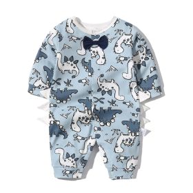 Baby Boy Dinosaur Pattern Bow Tie Patched Design Snap Button Romper Jumpsuit (Color: Blue, Size/Age: 59 (0-3M))