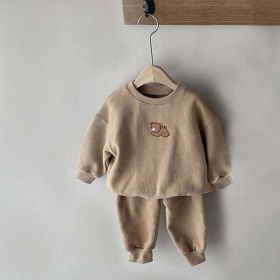 Baby Cartoon Bear Patched Graphic Hoodies Combo Solid Trousers Casual 2 Pieces Sets (Color: Coffee, Size/Age: 80 (9-12M))