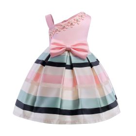 Baby Girl Floral Patched Pattern Striped Tutu Princess Dress One Shoulder Dress (Color: Light Pink, Size/Age: 140 (8-10Y))