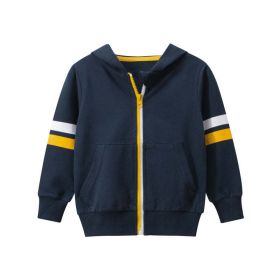 Baby Boy Striped Sleeves Design Zipper Front Solid Color Casual Coat (Color: Navy Blue, Size/Age: 100 (2-3Y))