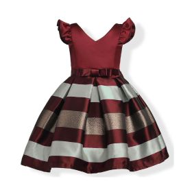 Baby Girl Striped Pattern V-Neck Western Style Formal Dress (Color: Red, Size/Age: 150 (10-12Y))