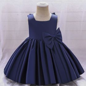 Baby Girl Solid Color Bow Patched Design Sleeveless Western Style Satin Dress (Color: Navy Blue (Dark Blue), Size/Age: 90 (12-24M))