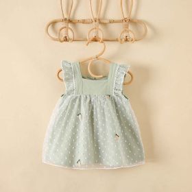 Baby Girls Pineapple Embroidery Polka Dot Lace Patchwork Square Collar Sleeveless Dress In Summer (Color: Green, Size/Age: 66 (3-6M))