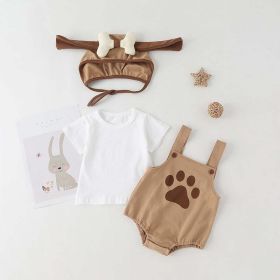 Baby Kids Puppy Print Pattern Short Sleeves With Straps Onesies In Set With Hat Of Puppy Shape (Color: Coffee, Size/Age: 66 (3-6M))