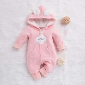 Baby Cartoon Cloud Pattern Zipper Front Solid Color Fleece Rompers With Hat (Color: Pink, Size/Age: 80 (9-12M))