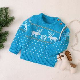 Baby Boy And Girl Christmas Giraffe Pattern Long Sleeved Pullover Sweater (Color: Blue, Size/Age: 80 (9-12M))