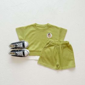 Baby Boys And Girls Bear Print Pattern Solid Color Design Round Neck Short-Sleeved Top Combo Shorts Sets (Color: Green, Size/Age: 66 (3-6M))