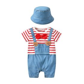 Baby Striped Graphic Cartoon Bear Patched Bow Tie False 1-Pieces Strap Jumpsuit (Color: Red, Size/Age: 90 (12-24M))