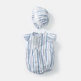 Baby Girl Striped Print Lace Patchwork Design Sleeveless Onesies (Color: Blue, Size/Age: 80 (9-12M))