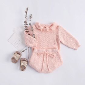 Baby Girl 1pcs Ruffle Neck Solid Shirts And Belted Triangle Shorts Fall Winter Knit Sets (Color: Pink, Size/Age: 80 (9-12M))