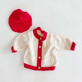 Baby Girl 1pcs Contrast Pattern Buttoned Front Puff Sleeve Knitted Cardigan (Color: White, Size/Age: 90 (12-24M))