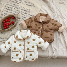 Baby Girl All Over Bear Graphic Quilted Warm Cotton Coat (Color: Brown, Size/Age: 90 (12-24M))