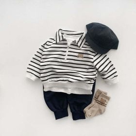 Baby Cute Bear Embroidered & Striped Pattern Polo Neck Cotton Hoodies (Color: Black, Size/Age: 80 (9-12M))