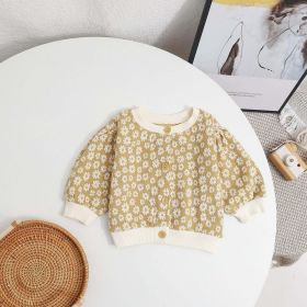 Baby Girl Daisy Pattern Single Breasted Design Puff Sleeve Sweet Cardigan (Color: Yellow, Size/Age: 120 (5-7Y))