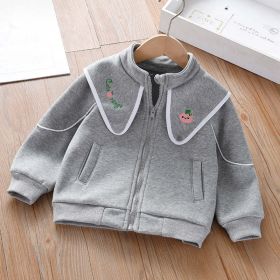 Baby Girl Embroidered Lapel Design Solid Color Quality Coat (Color: Grey, Size/Age: 120 (5-7Y))