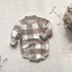 Baby Plaid Graphic Long Sleeve Crewneck Knit Thickened Onesies (Color: Khaki, Size/Age: 66 (3-6M))