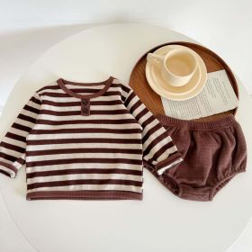 Baby Striped Pattern Long Sleeve Tops & Triangle Shorts 1 Pieces Sets (Color: Brown, Size/Age: 80 (9-12M))