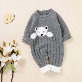 Baby Bear Jacquard Design Long Sleeve Cute Knitted Jumpsuits (Color: Grey, Size/Age: 66 (3-6M))