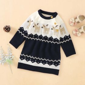 Baby Girl Embroidered Pattern Long Sleeve Autumn New Style Christmas Dress (Color: Navy Blue (Dark Blue), Size/Age: 80 (9-12M))