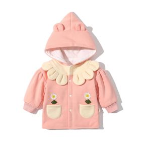 Baby Girl Flower Patched Pattern Single Breasted Design Double Layer Thickened Coat (Color: Pink, Size/Age: 73 (6-9M))