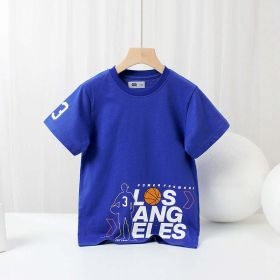 Baby Print Pattern Crewneck Short Sleeve Cotton T-Shirt (Color: Blue, Size/Age: 140 (8-10Y))