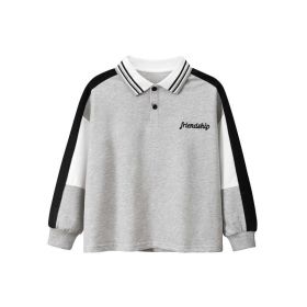 Baby Letters Embroidered Pattern Colorblock Design Polo Collar Shirt (Color: Grey, Size/Age: 130 (7-8Y))