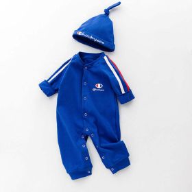 Baby 1pcs Solid Color Contrast Tape Design Pure Cotton Romper Jumpsuit (Color: Navy Blue, Size/Age: 90 (12-24M))