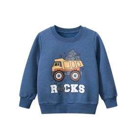 Baby Cartoon Truck Pattern Fleece Hoodie In Autumn Outfit Wearing (Color: Blue, Size/Age: 110 (3-5Y))