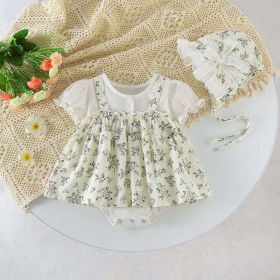 Baby Girl Floral Pattern Round Nek Short Sleeve Onesies Dress (Color: White, Size/Age: 80 (9-12M))