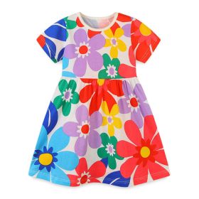 Baby Girl All Over Floral Pattern Crewneck Short Sleeve Dress (Color: Red, Size/Age: 110 (3-5Y))