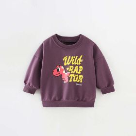 Baby Dinosaur And Letter Print Pattern Casual Cotton Hoodie (Color: Purple, Size/Age: 120 (5-7Y))